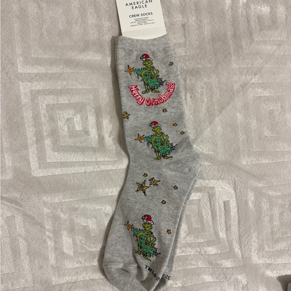 American Eagle Outfitters Gray Crew Socks with Grinch Design